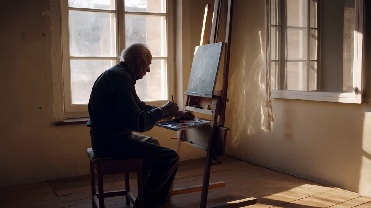 Elderly Artist Painting in a Silhouetted Room with Natural Light