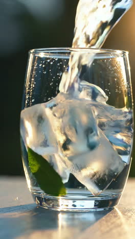 pouring water with ice and mint into a glass