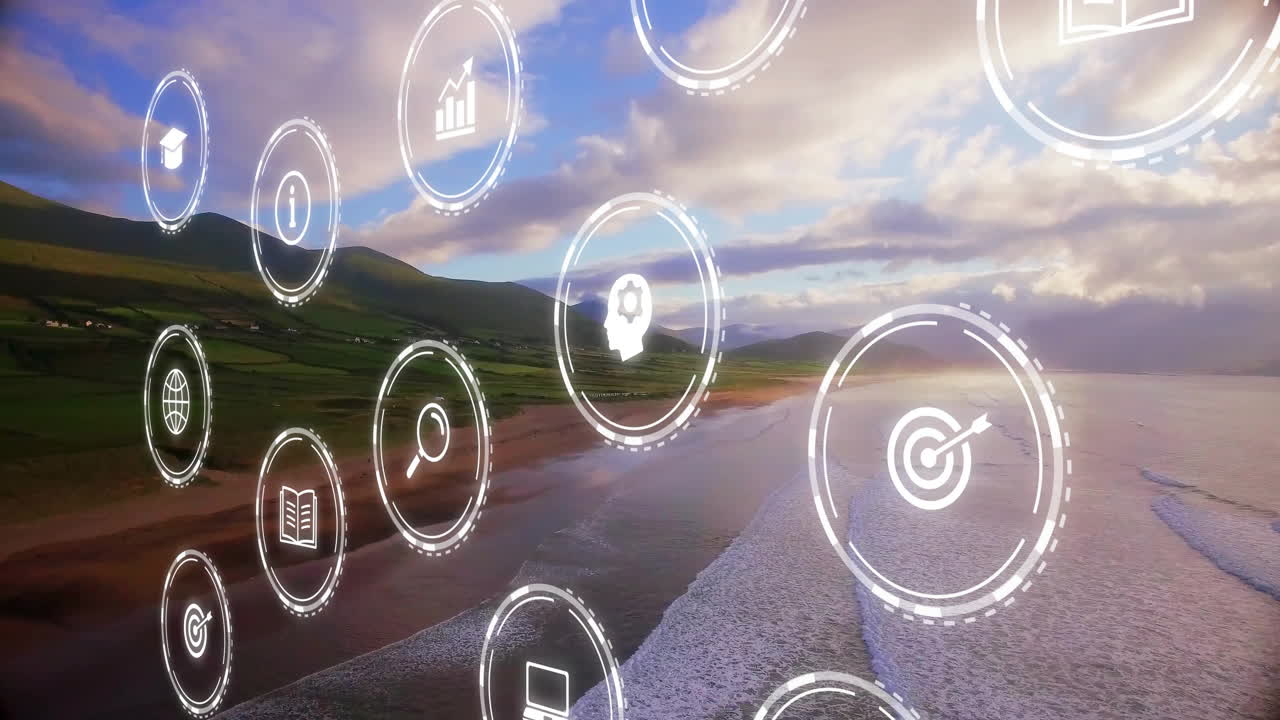 Animation of digital icons overlaying scenic coastal landscape with mountains and ocean