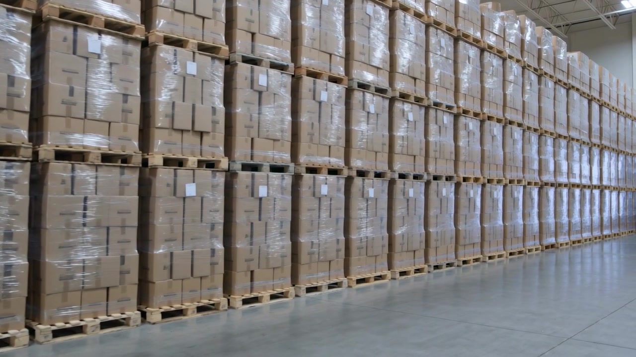 Inizio del tracciamento della telecamera su scatole impilate avvolte nel cellophane su pallet lungo il corridoio di stoccaggio, mostrando profondità.