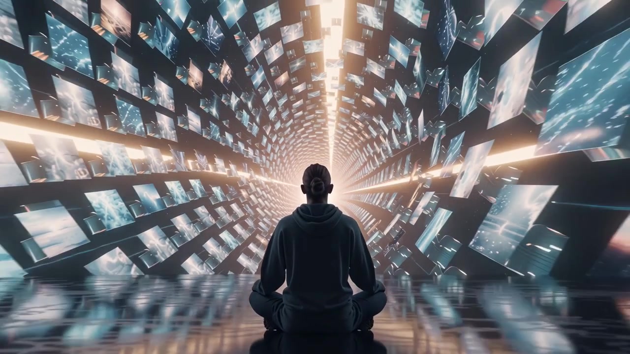 Person som mediterer i en futuristisk digital tunnel av skjermer