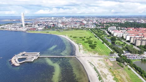 drone pull back from ribersborgsstranden beach and turning torso on malmo shore in sweden, sunny day