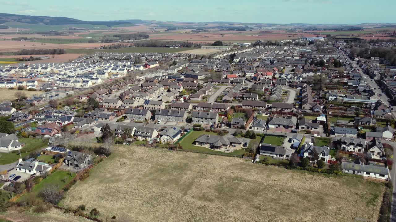 Aerial view of the Scottish town of Laurencekirk on a sunny spring day, Aberdeenshire, Scotland