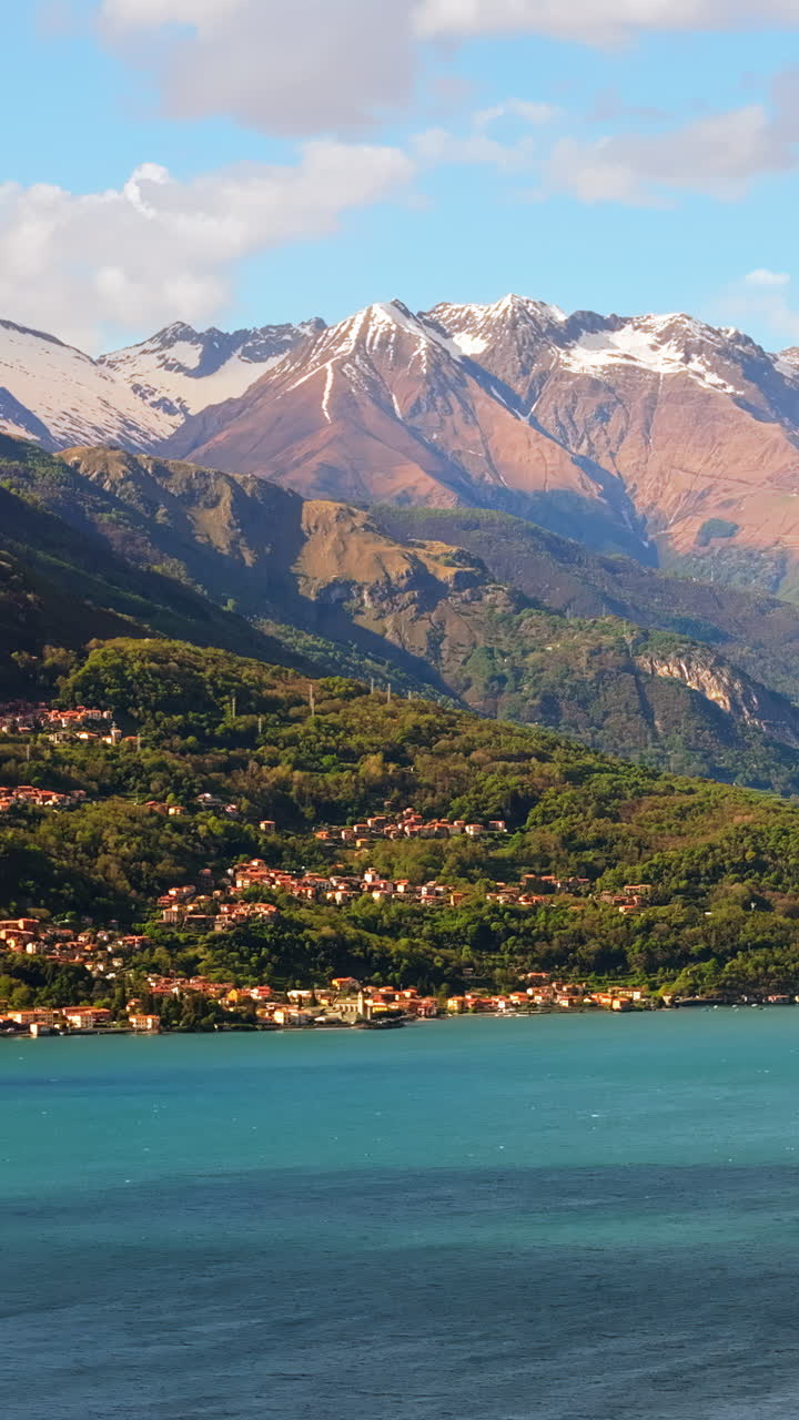 Aerial drone view of Varenna village near Lake Como, Italy. Vertical