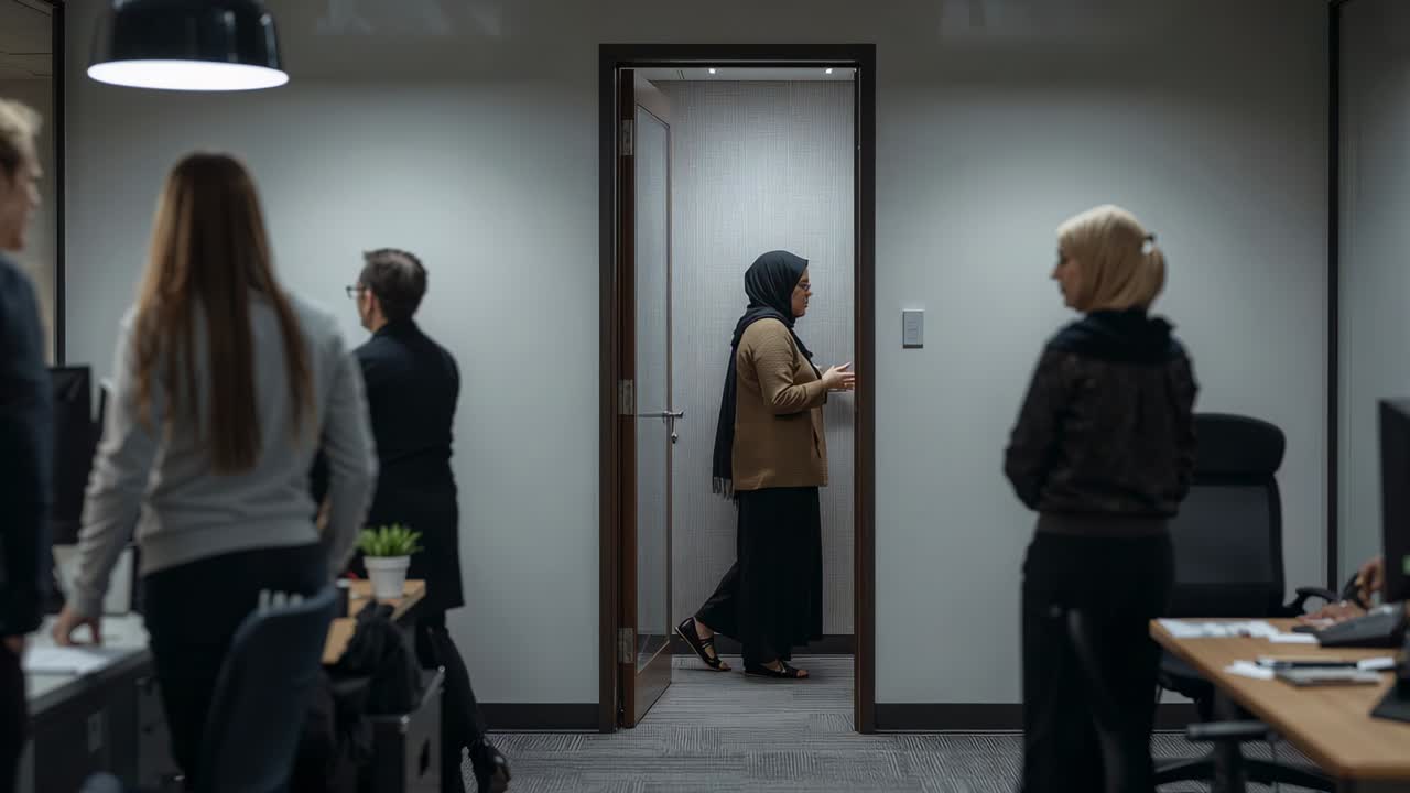 Holding glass door, woman wearing hijab and tan blazer walking into office, colleagues rising