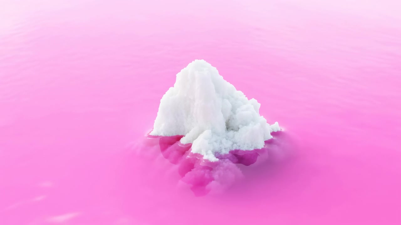 White conical granular mound rests on glossy pink plane with soft diffuse light, faint concentric ripples, gentle reflection at base, and clean centered pastel studio look suggesting recent settling
