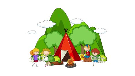 children camping with a tent and campfire