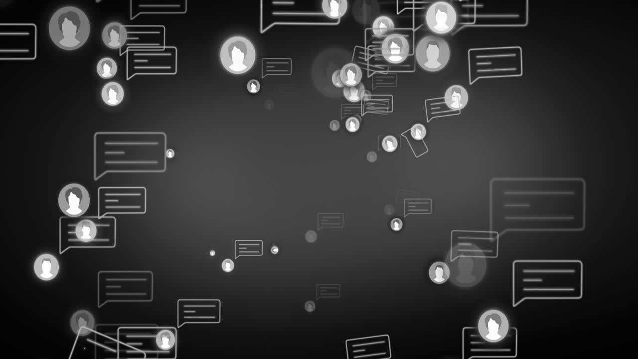 Animation of social media icons and speech bubbles on black background