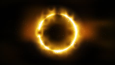 fondo negro de lujo, partículas de brillo dorado en forma de anillo, círculo. marco de oro brillante, lugar para el texto. ceremonia de premiación. borde redondo festivo. hermoso fondo mágico. bucle sin costuras