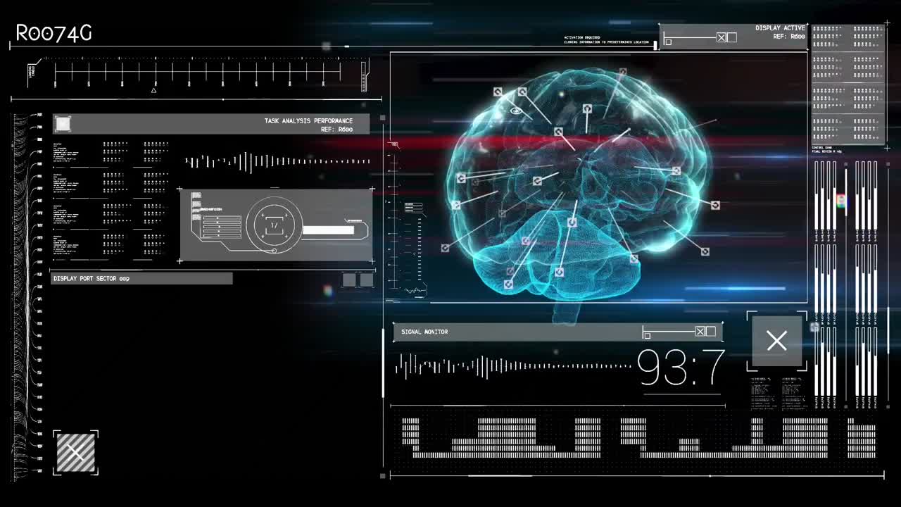 Animation of glowing human brain with digital interface data processing
