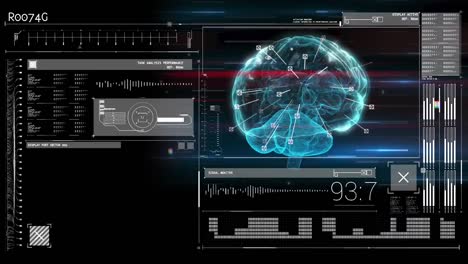 animation of glowing human brain with digital interface data processing