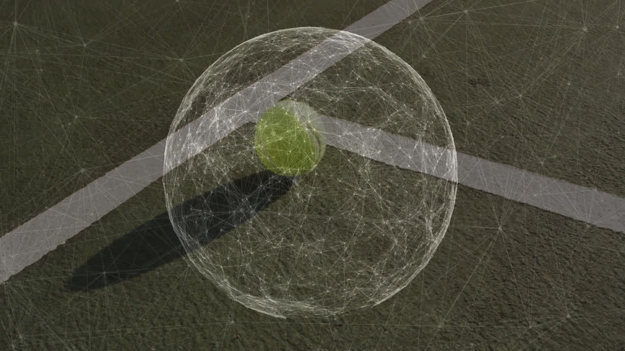 Tennis ball being enclosed in rotating wireframe sphere over angled white court boundary line