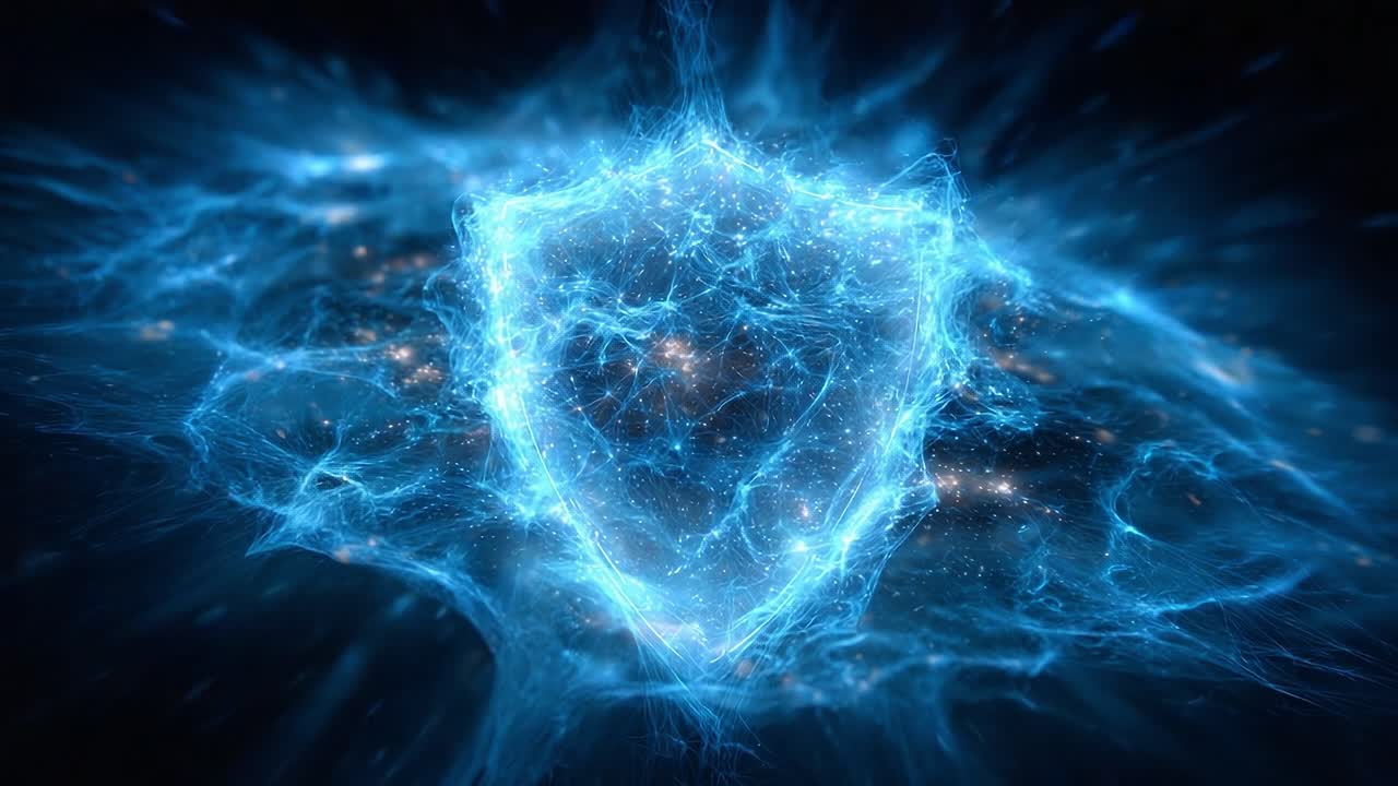 An Ethereal Shield of Energy: A Stunning Visualization of Protective Forces in Cosmic Blue, Showcasing Dynamic Motion and Intricate Light Patterns in Universes Beyond Reach