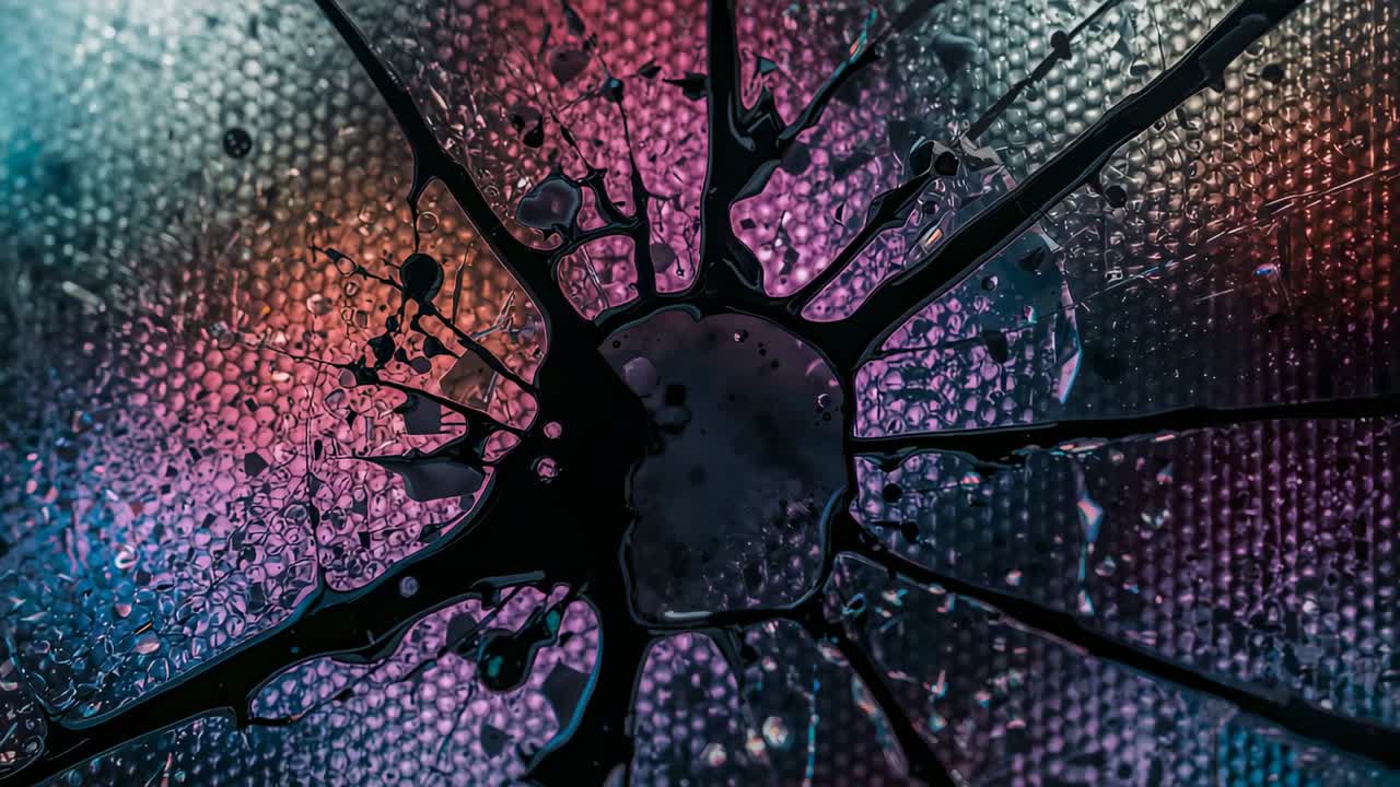 Flowing from seed drop black viscous film making arms across beaded pane showing teal purple glow