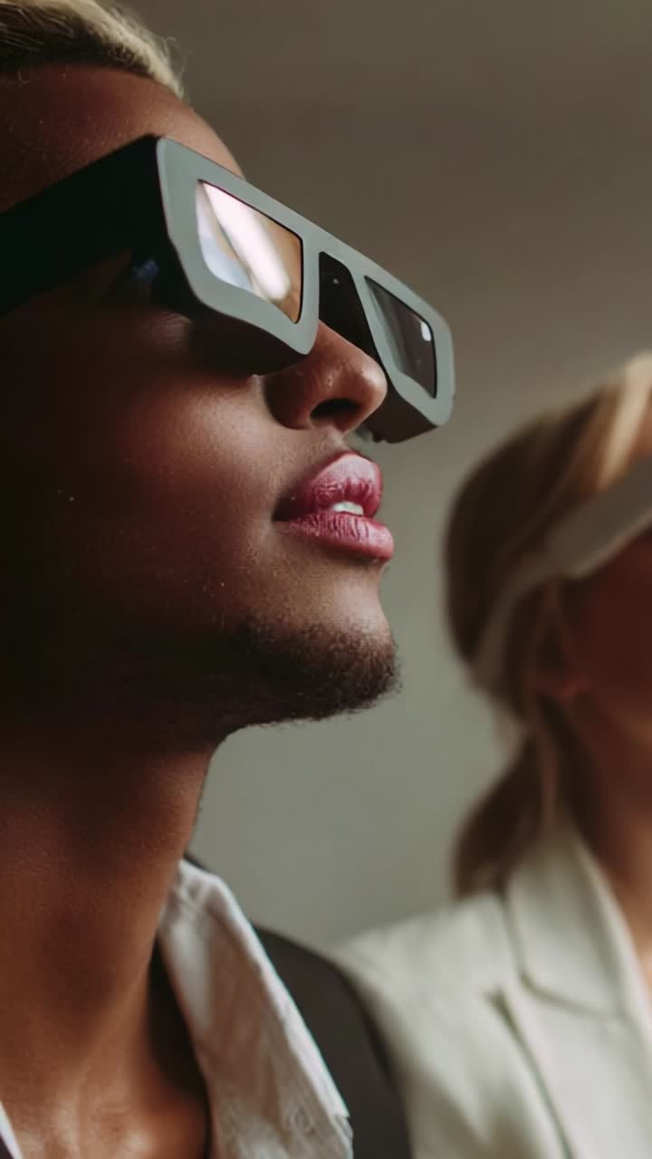 A Close-Up of Two Individuals Wearing Futuristic 3D Glasses, Capturing Their Expressions and Excitement as They Engage in a Modern Viewing Experience Together
