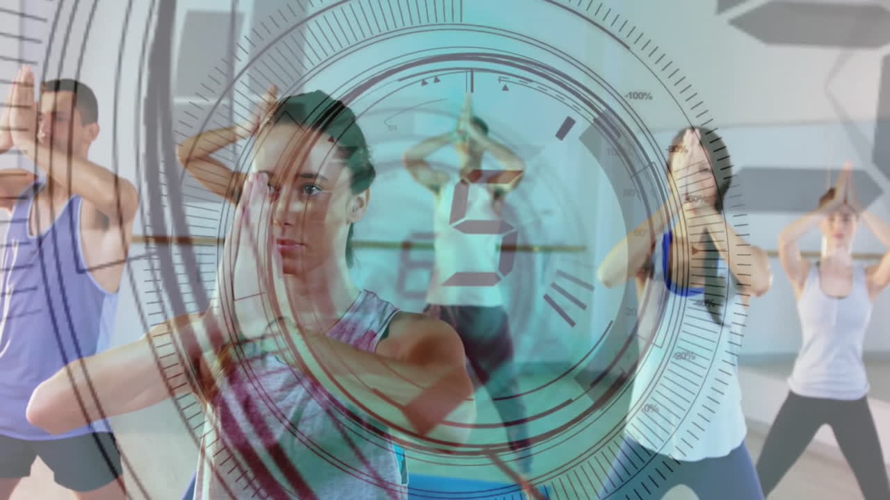 animación de cuenta atrás digital sobre personas que practican yoga en el estudio