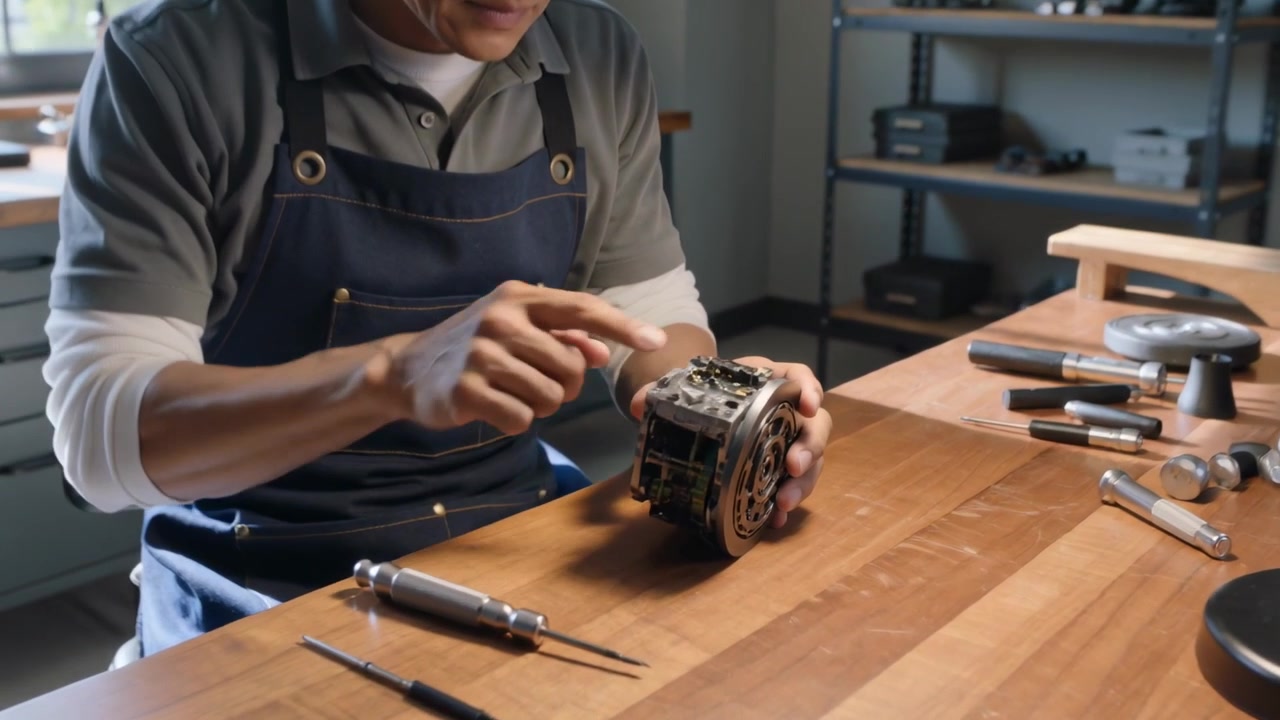 Lamp turning on tech in apron removing screws, testing motor for repair at workshop with observer