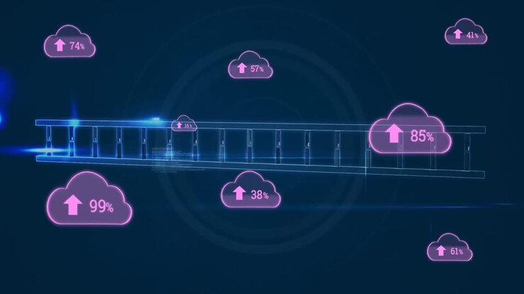 Animation of cloud icons and data processing over dark background