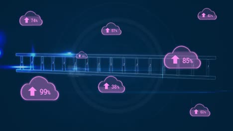 animación de iconos de nubes y procesamiento de datos sobre un fondo oscuro