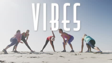 animation of vibes text over senior women exercising in seaside