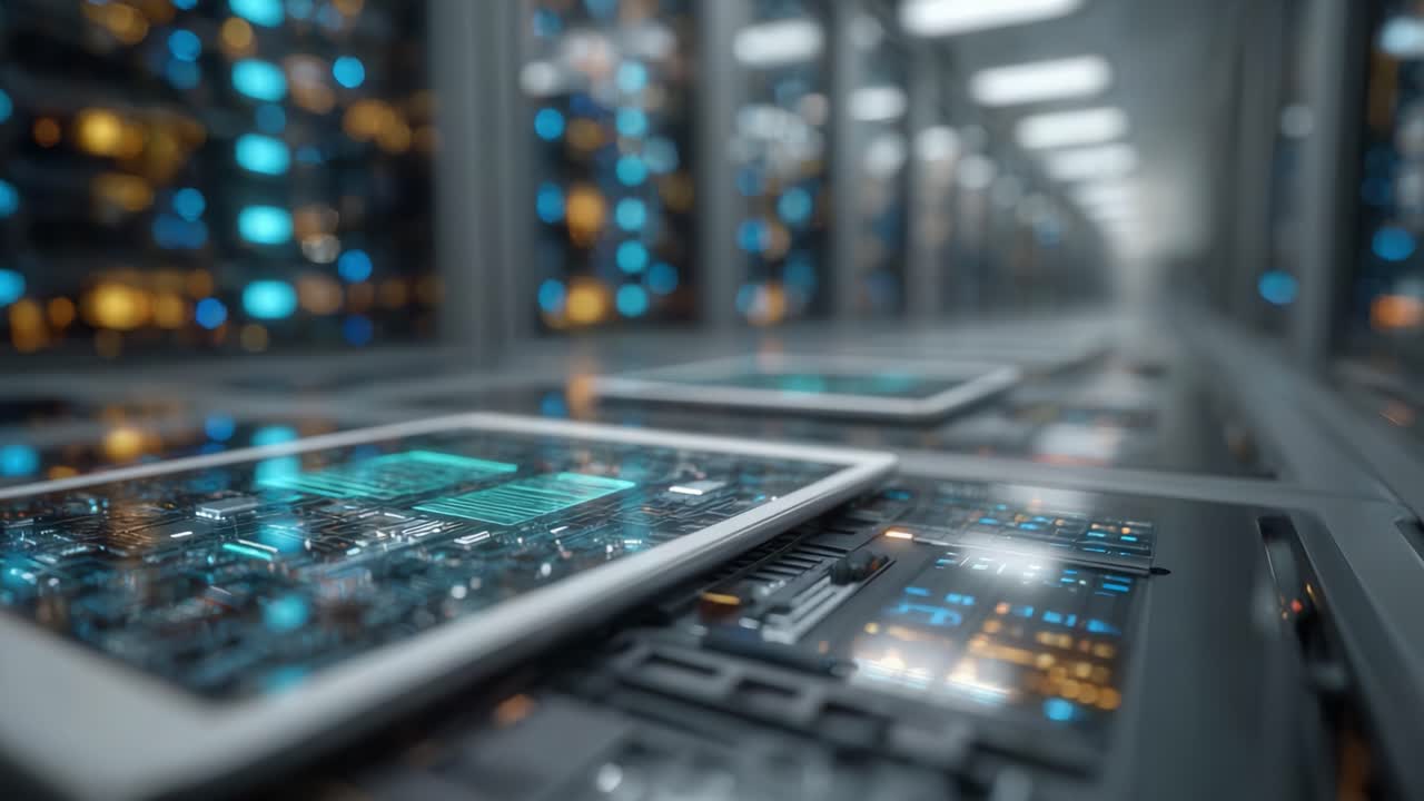 Exploring Advanced Computing: A Close-Up on High-Tech Circuit Boards in a Data Center with Illuminated Connections, Showcasing Digital Innovation and Infrastructure