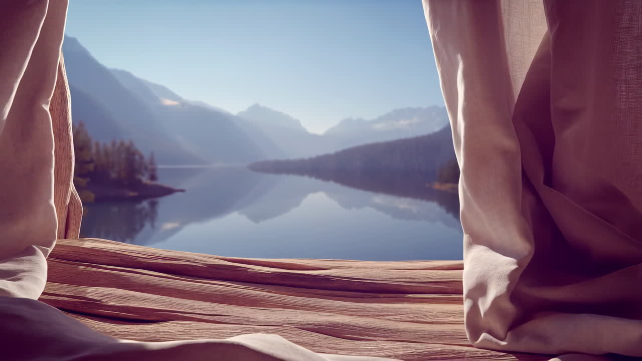 Serene Lake and Mountain View Framed by Curtains