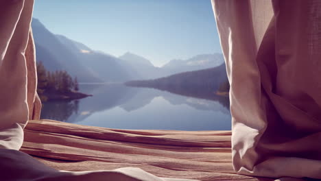 serene lake and mountain view framed by curtains