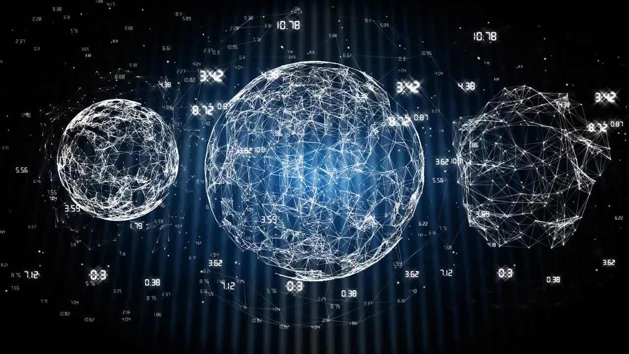 Animation of three globes of network of connections spinning over blue striped on black background