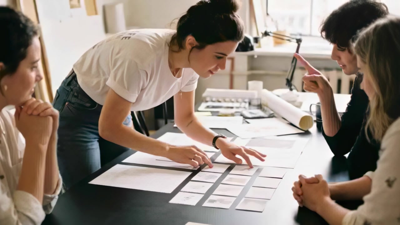 Standing, woman in white tee, jeans arranging card grid on black table in studio, finalizing layout