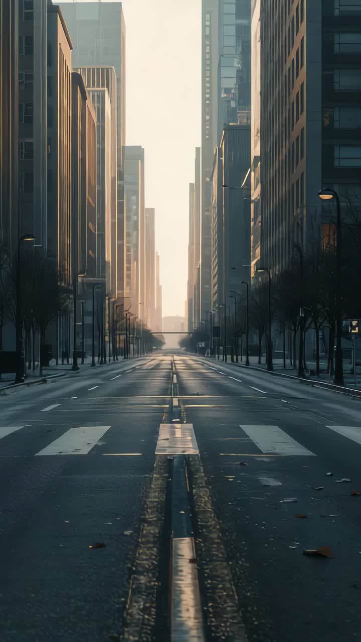 Vídeo vertical: Nascer do sol aquecendo o canteiro central vazio em avenida no centro da cidade, revelando faixas molhadas.