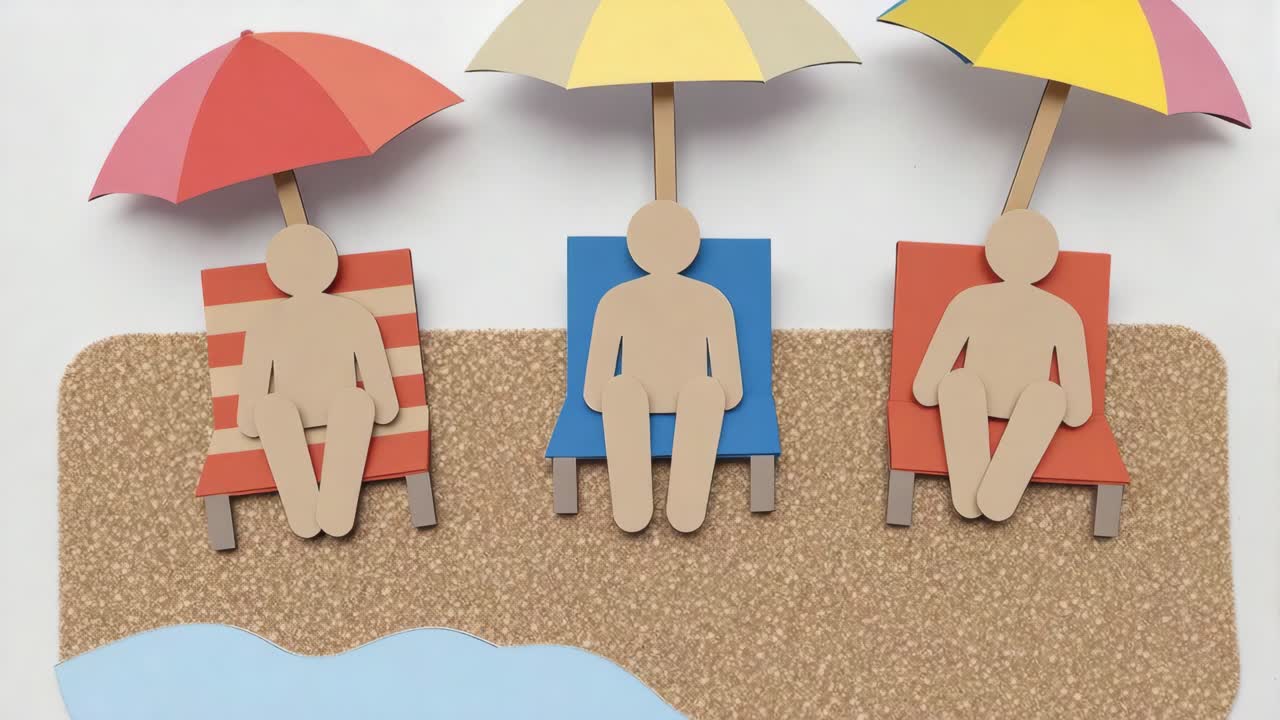 Beach paper cutouts lounging on chairs, colorful umbrellas casting shadows, representing summer relaxation and getaway moments
