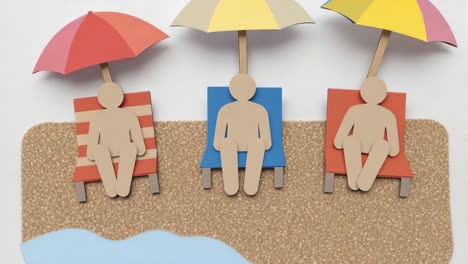 beach paper cutouts lounging on chairs, colorful umbrellas casting shadows, representing summer relaxation and getaway moments