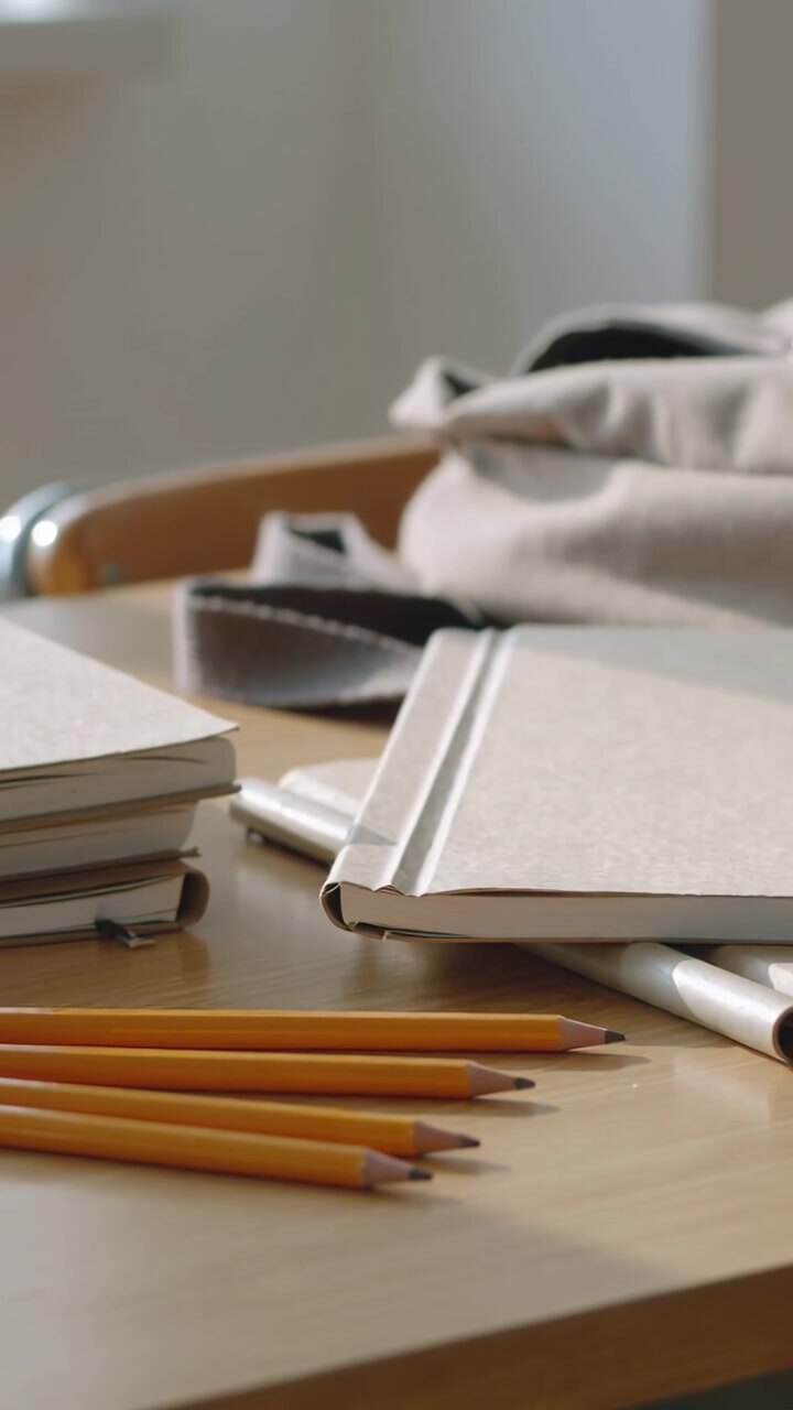Vertical video: Starting camera pan revealing notebook pencils backpack by window to show setup