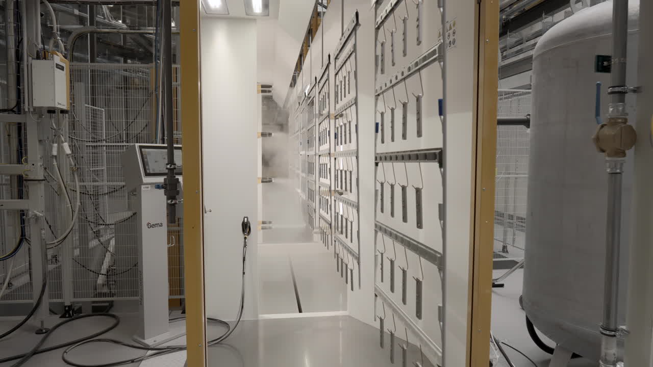 Close-up footage of metal parts undergoing the powder coating process in an industrial factory. Suspended on conveyor systems, the products are being sprayed with vibrant powder, highlighting the auto
