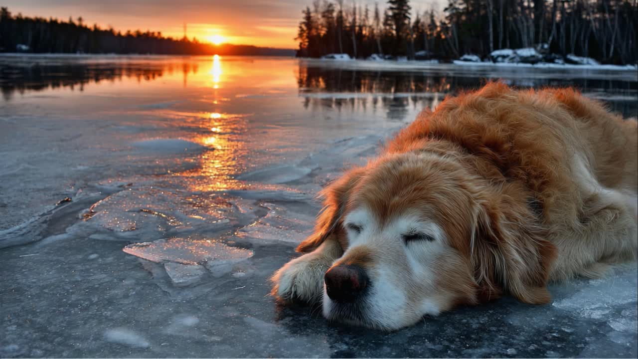 Golden Retriever Relaxing by a Serene Frozen Lake at Sunset, Capturing a Tranquil Moment in Nature's Embrace with Warm Colors and Reflective Water
