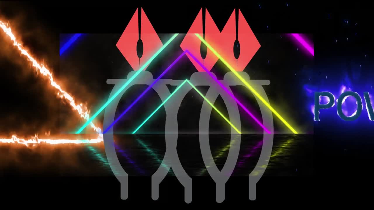 추상적인 네온 선, 모양 및 검은 바탕에 불타는 글의 애니메이션