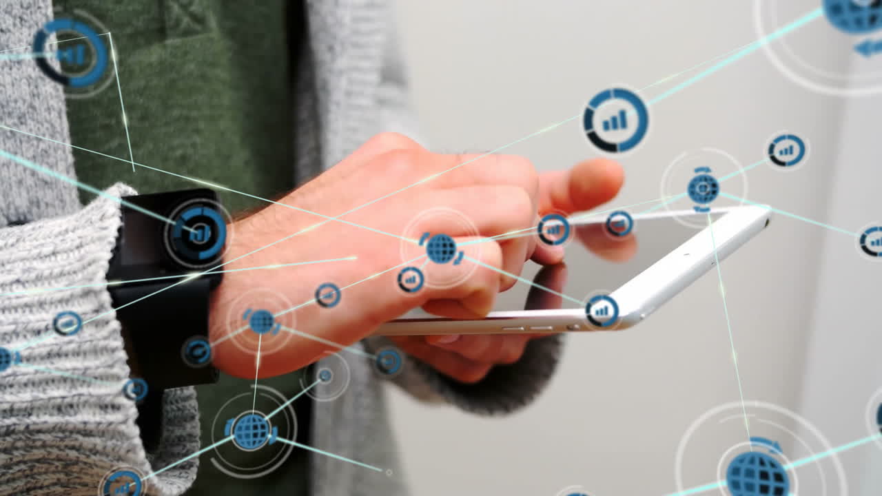 스마트폰을 사용하여 애니메이션에서 디지털 네트워크 연결과 상호 작용하는 사람