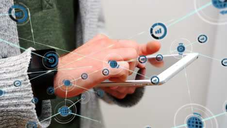 utilizando un teléfono inteligente, persona que interactúa con conexiones de red digital en animación