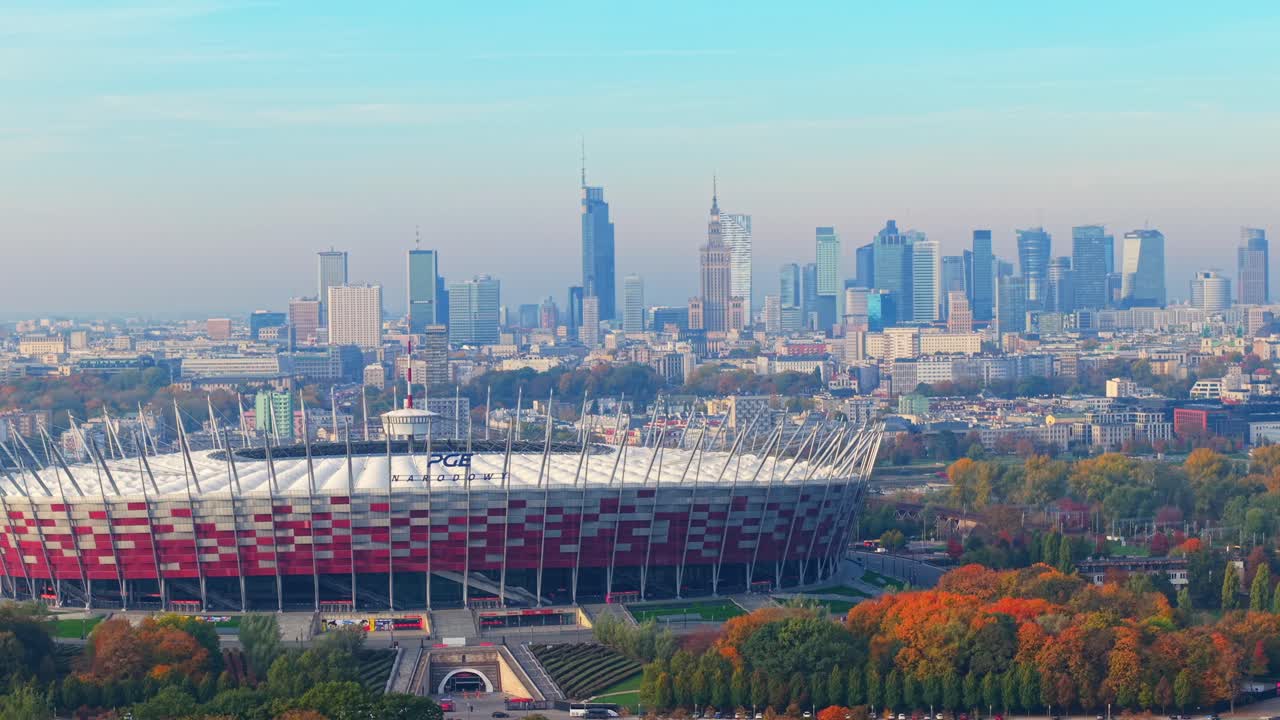 Panoramic View of Warsaw Skyline with National Stadium