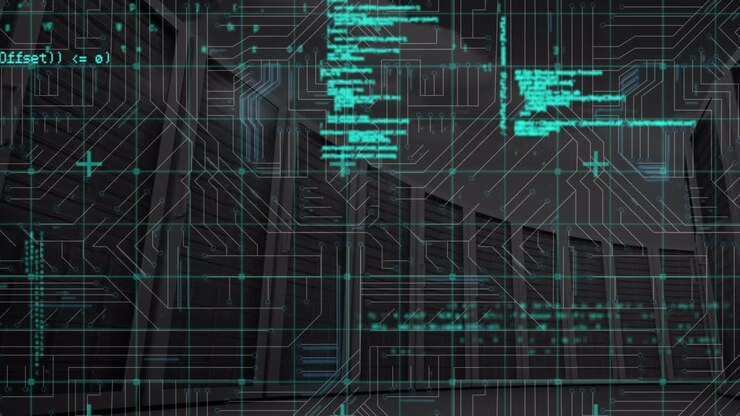 Animation of data processing over integrated circuit in green and black space
