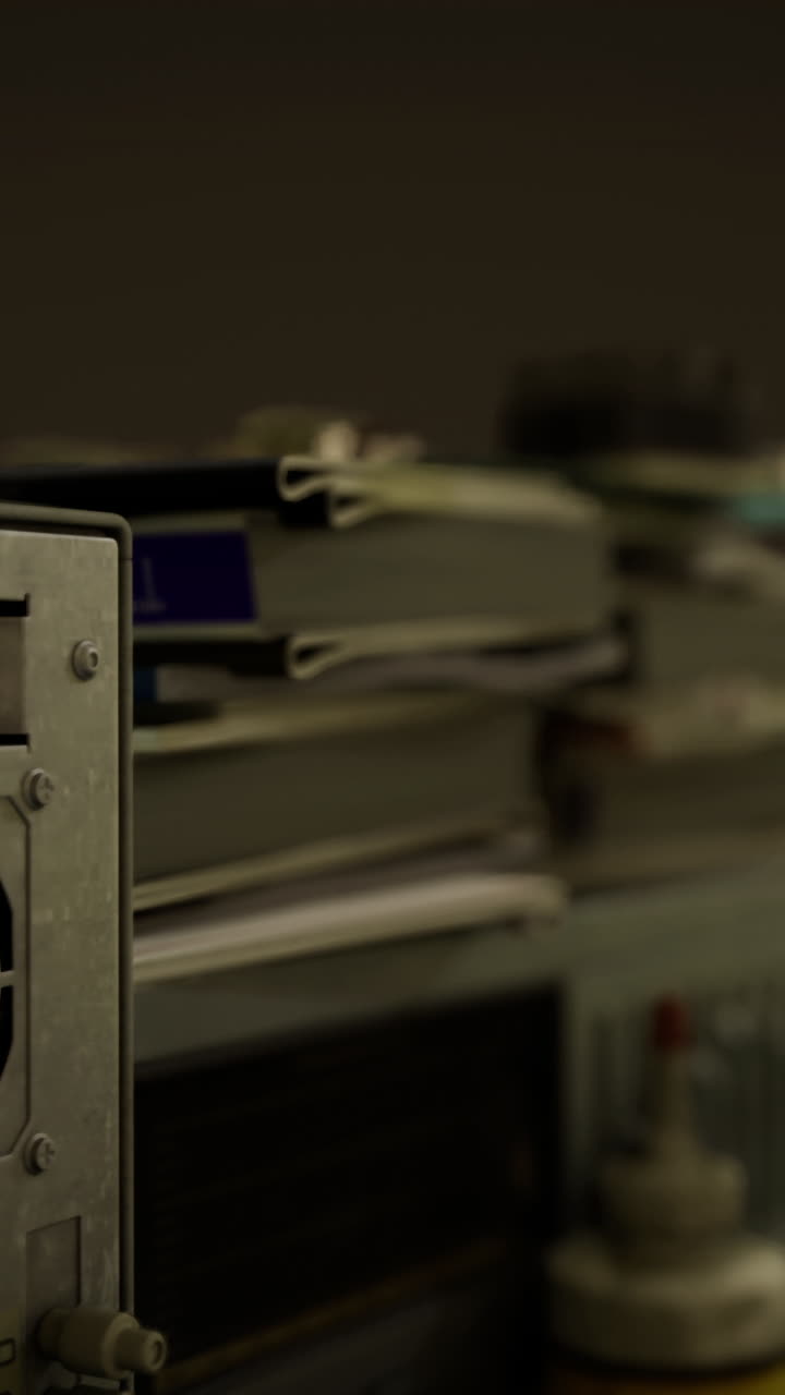 Stacks of paperwork and technology in a dimly lit workspace at night