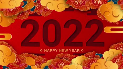 feliz año nuevo chino 2022. estilo de corte de papel. fondo de fiesta clásico decorativo chino para vacaciones. fondo tradicional de año lunar con nubes y flores. bucle 4k.