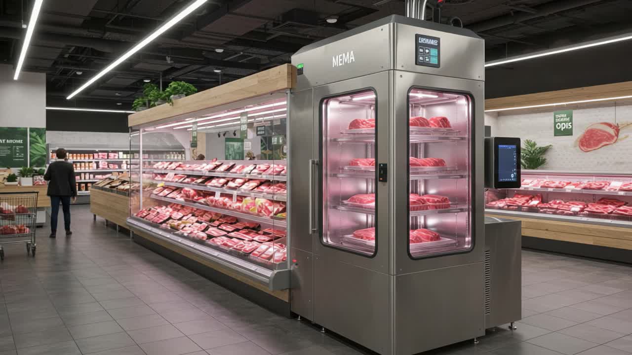 Modern Meat Display Case Showcasing a Variety of Fresh Meats in a Supermarket Setting, Highlighting Convenience and Quality for Shoppers