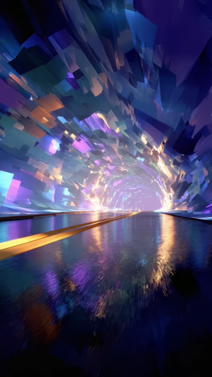 Un'esperienza digitale immersiva e vivace in un tunnel con modelli e riflessi astratti, che conduce in un percorso colorato e illuminato, evocando un senso di avventura ed esplorazione