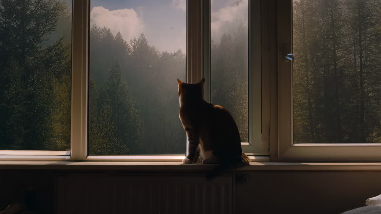 Cat looking out window at a dense forest