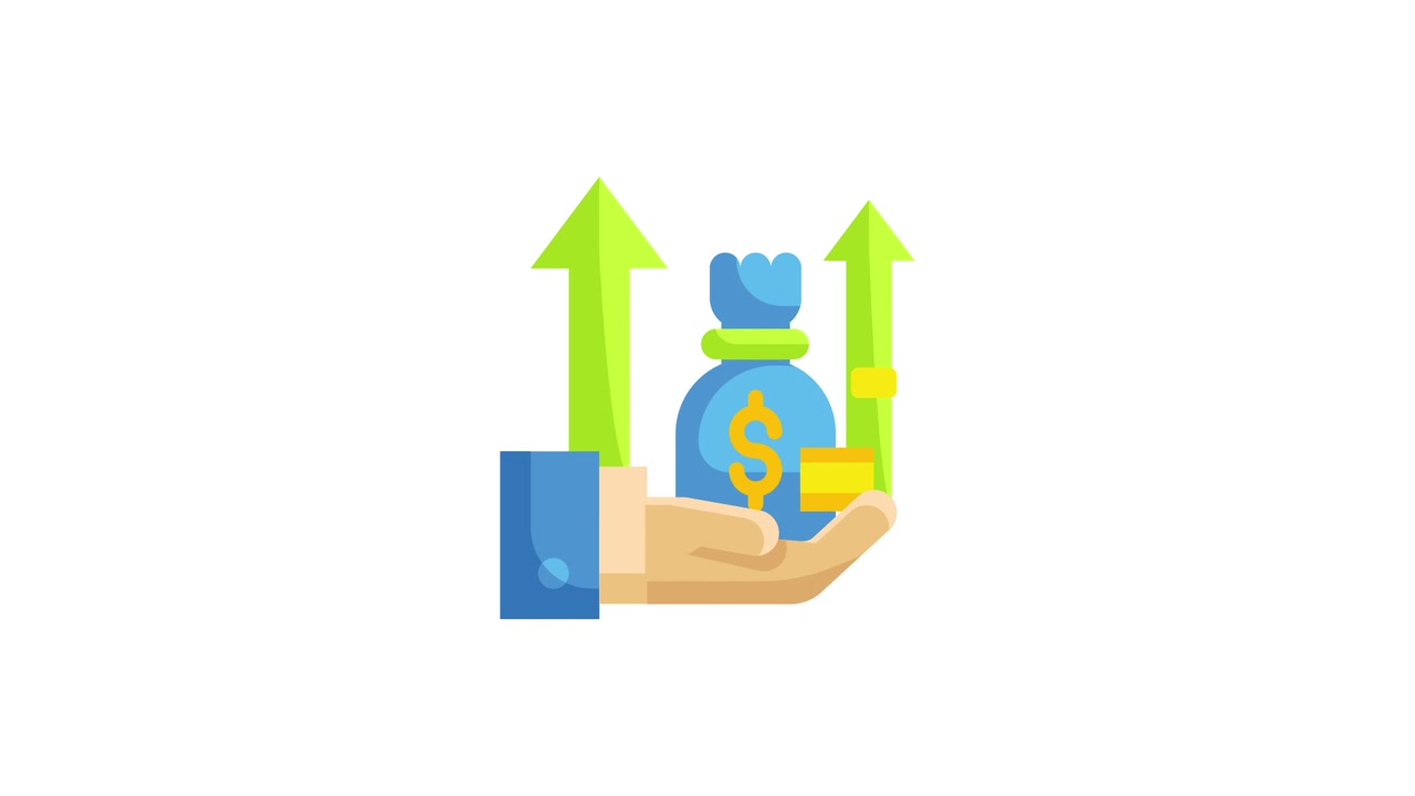 Animated Icon of Hand Holding Money Bag with Upward Growth Arrows