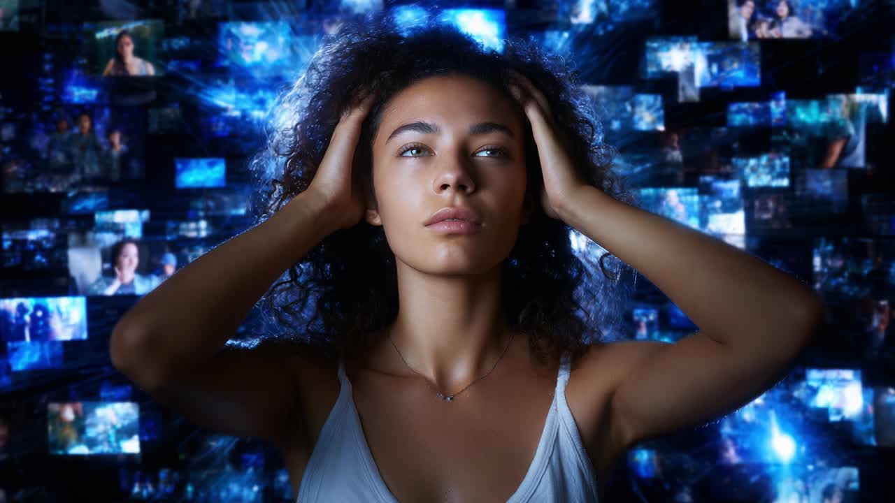 In a world flooded with digital imagery, a woman stands at the center, overwhelmed by countless screens showcasing a myriad of media, expressing a blend of contemplation, anxiety, and introspection