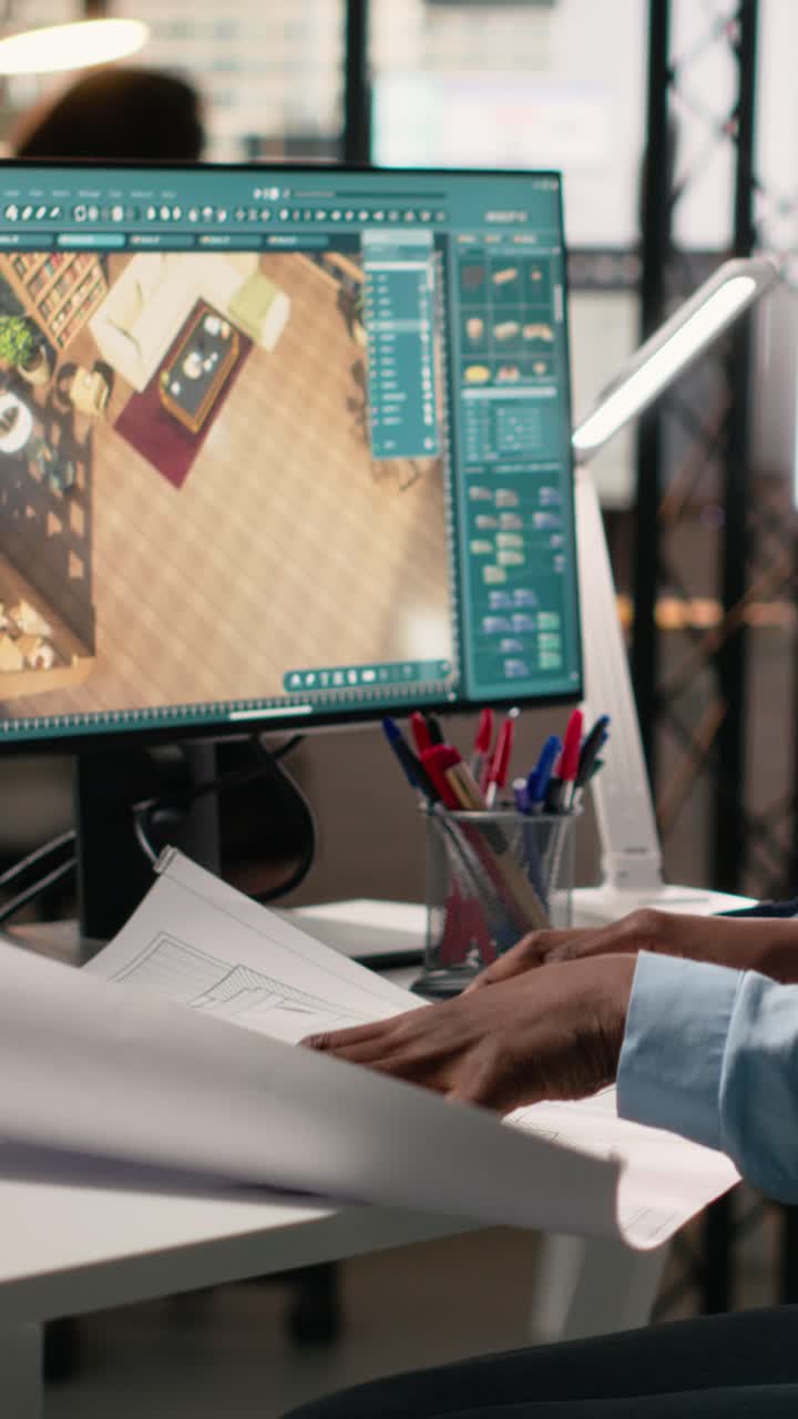 Vertical Video Black female expert works on interior design and walls structure on a software
