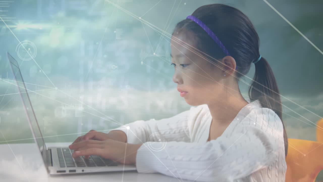 Animation of connected dots, graphs, soundwaves and dense clouds over asian girl using laptop