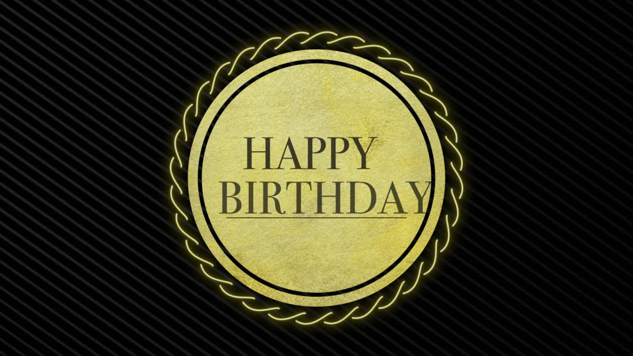 imagen de feliz cumpleaños enmarcada en dorado sobre un fondo negro con texto iluminado